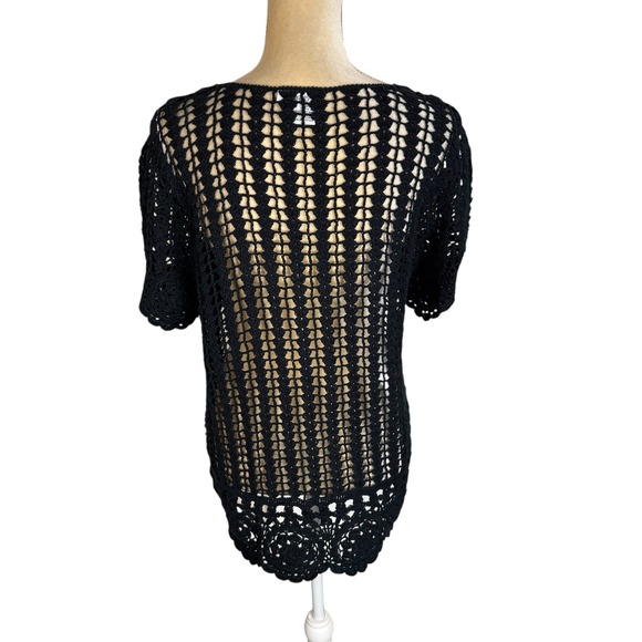 Ali Miles Black Crochet Knit Button Front Short Sleeve V Neck Top Size Large - Picture 2 of 9